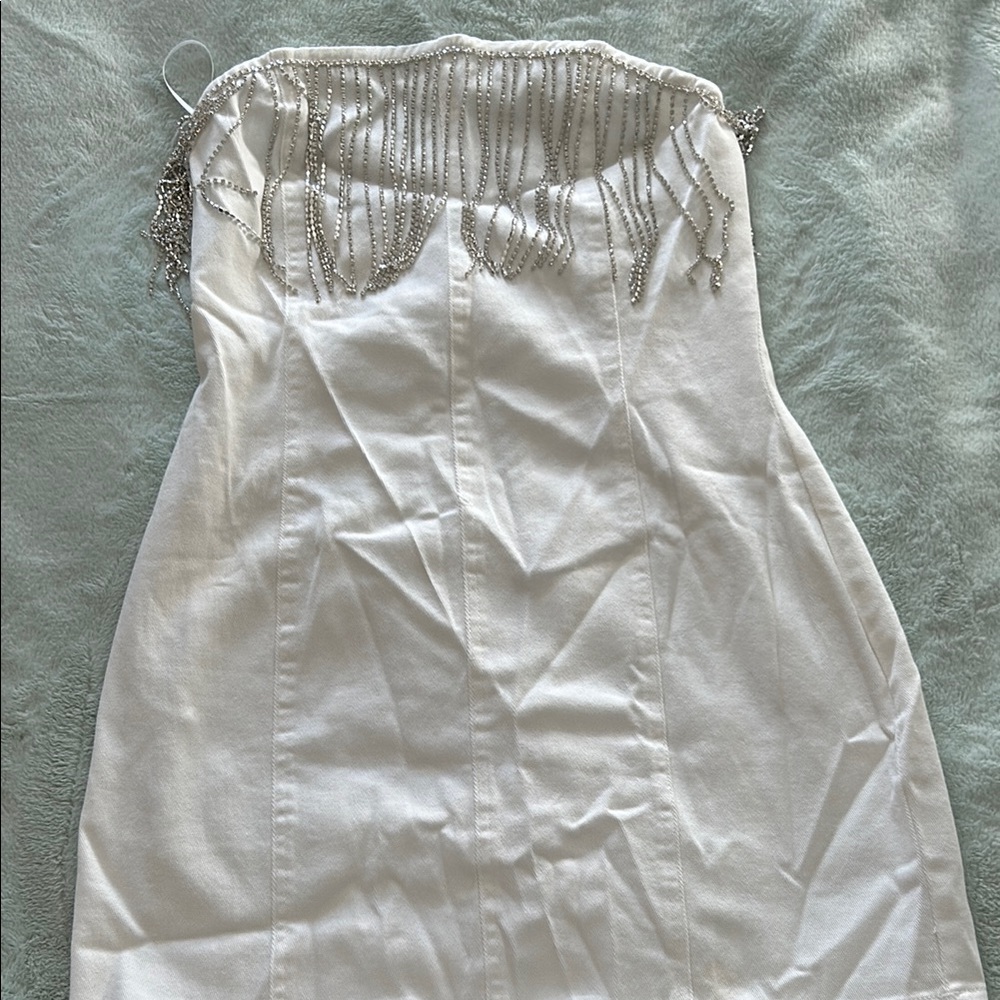 Rylie White Denim Strapless Fringe Mini Dress + 12th Tribe